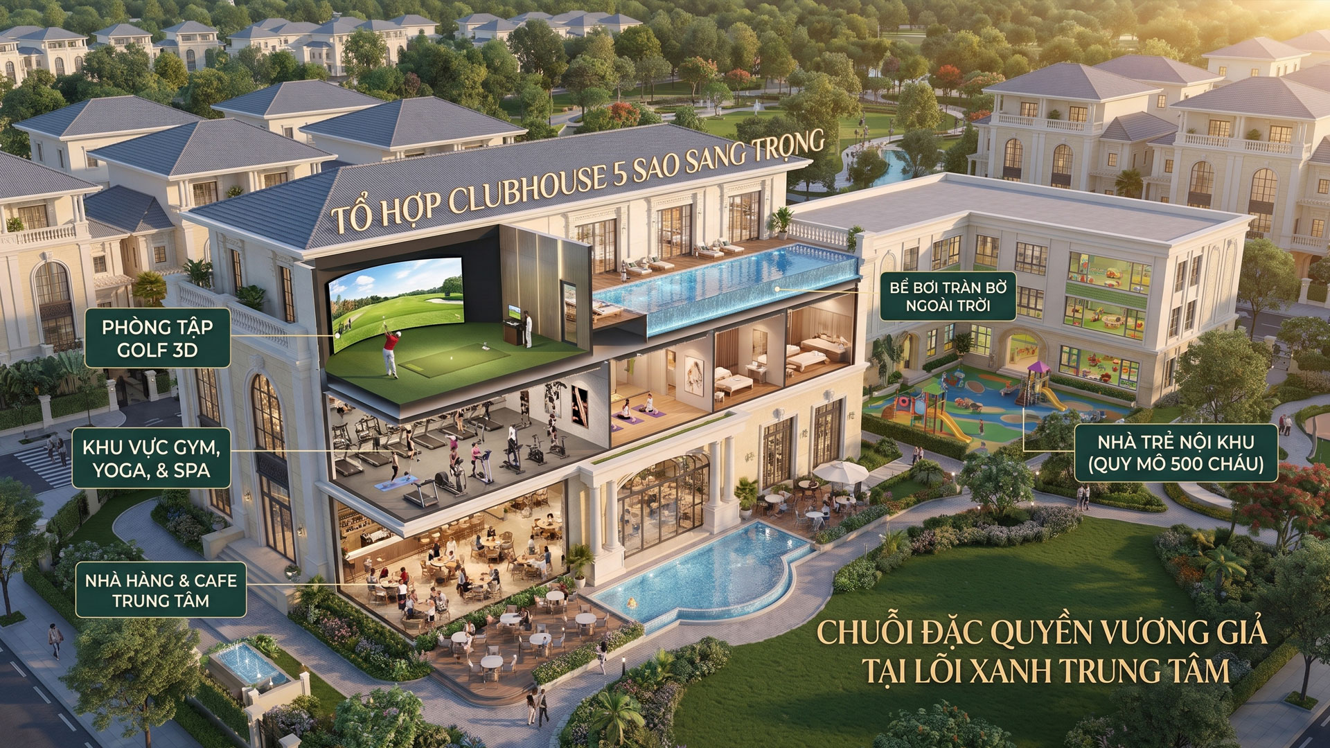 Tổ hợp tiện ích Clubhouse 5 sao The President Park tích hợp phòng tập Golf 3D, bể bơi tràn bờ và nhà trẻ nội khu.